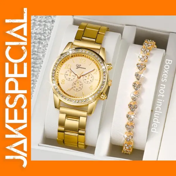 Gold Stainless Steel Quartz Watch and Bracelet Set