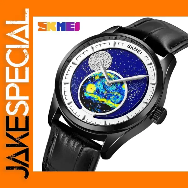 Men's Moon Phase Quartz Watch with Leather Strap