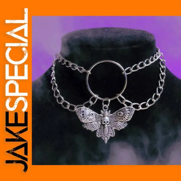 Gothic Moth Choker Necklace with Skull Pendant