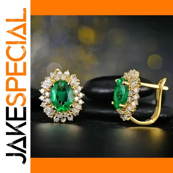 Gold Hoop Earrings with Green and White Stones