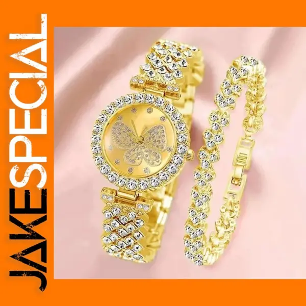 Gold Butterfly Dial Quartz Watch and Bracelet Set