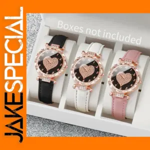 3PCS Women's Rhinestone Heart Dial Quartz Watches