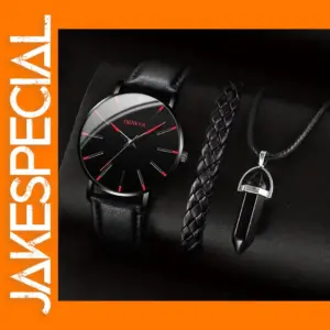 Men's Stylish Leather Band Quartz Watch Set