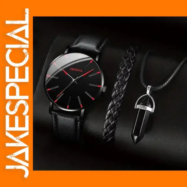 Men's Stylish Leather Band Quartz Watch Set