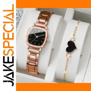 Stainless Steel Quartz Watch & Heart Bracelet Set