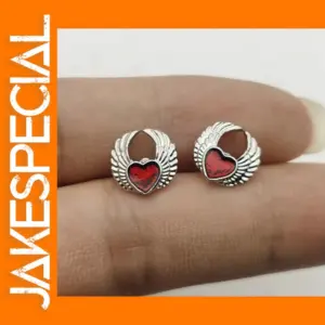 Vintage Red Heart Wings Drop Earrings