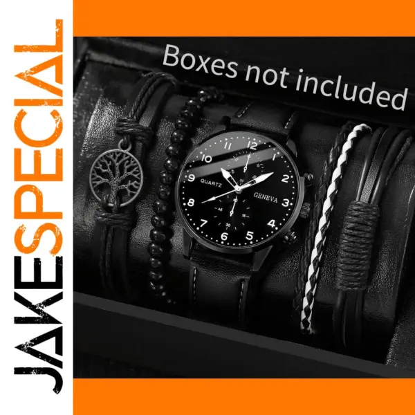 5PCS Men's Quartz Watch and Bracelet Set