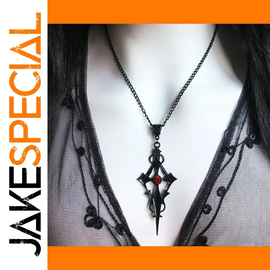 Gothic Cross Pendant Necklace with Red Gem 1 Gothic Cross Pendant Necklace with Red Gem
