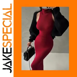 Red Turtleneck Midi Dress for Women