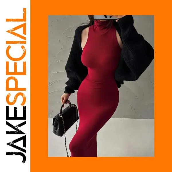 Red Turtleneck Midi Dress for Women