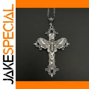 Gothic Cross Moth Pendant Necklace 50cm