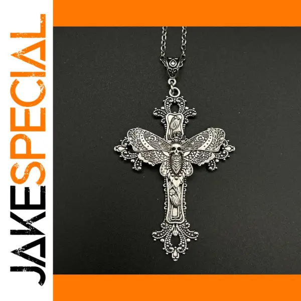 Gothic Cross Moth Pendant Necklace 50cm