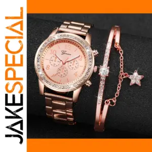 2PCS Rose Gold Women's Analog Watch Bracelet Set