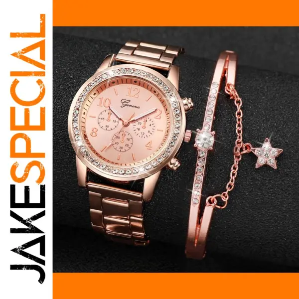 2PCS Rose Gold Women's Analog Watch Bracelet Set