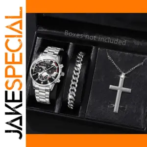 3PCS Men's Quartz Watch Set with Necklace & Bracelet