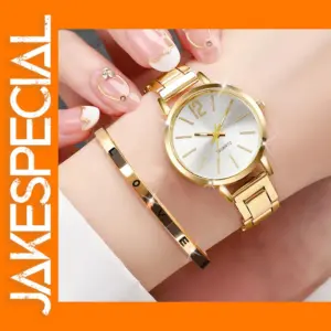 2PCS Women's Gold Steel Band Quartz Watch Set