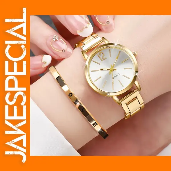2PCS Women's Gold Steel Band Quartz Watch Set