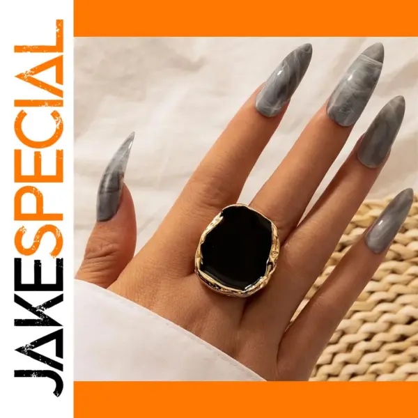 Vintage Black Enamel Ring with Geometric Design