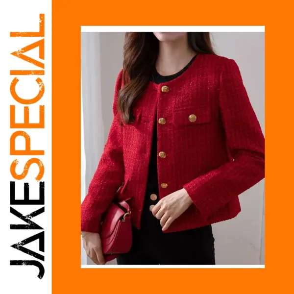 Elegant Red Tweed Women's Short Jacket