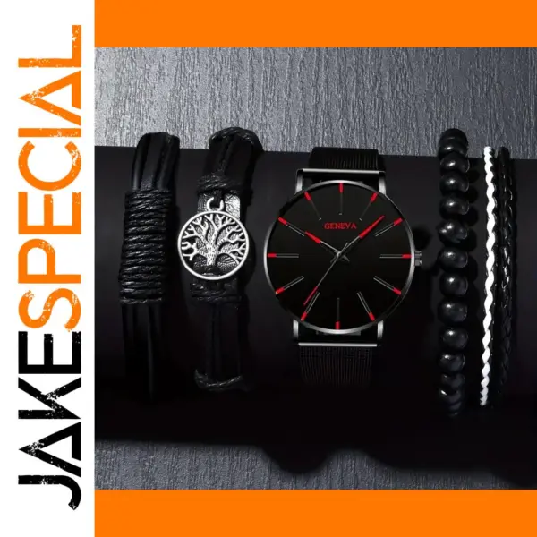 Black Men's Quartz Watch with Bracelets Set