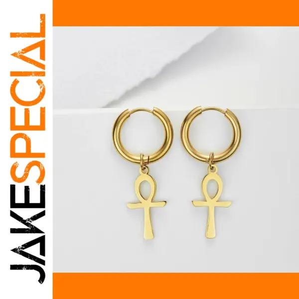 Gold Stainless Steel Ankh Cross Drop Earrings