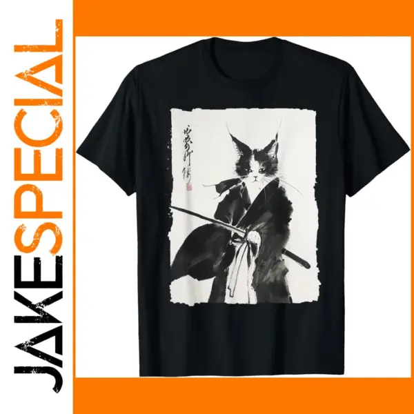 Vintage Samurai Cat Graphic T-Shirt for Women