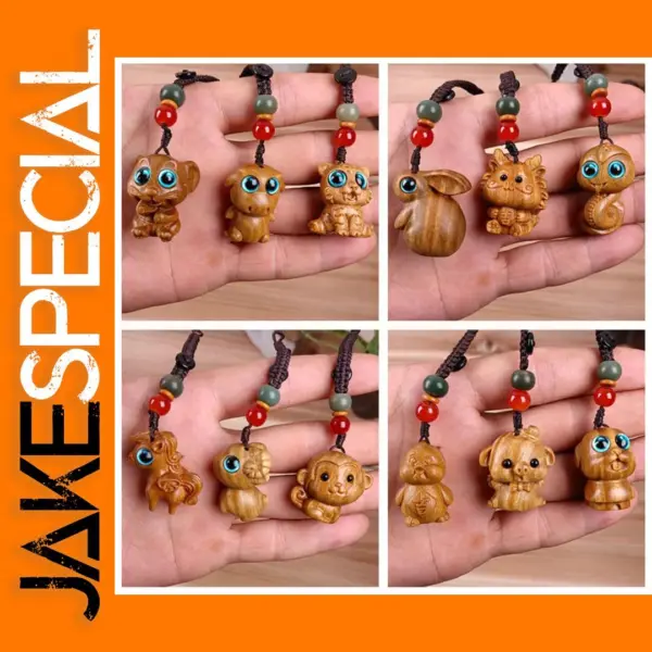 Wooden Zodiac Animal Figurine Keychain Pendant