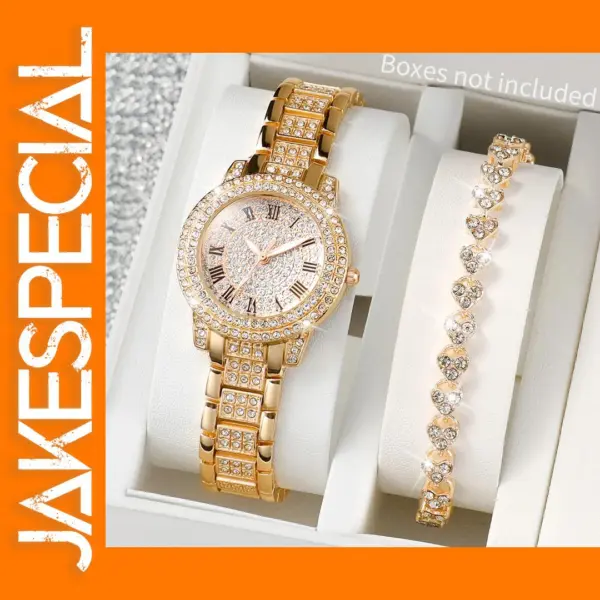 Women's Full Diamond Quartz Watch and Bracelet Set
