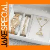 6PCS Women's Gold Diamond Watch Jewelry Set