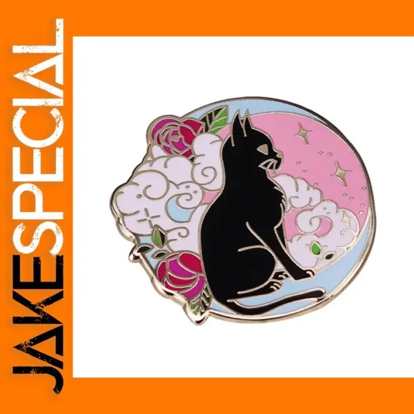 Black Cat Enamel Brooch with Cloud Flower