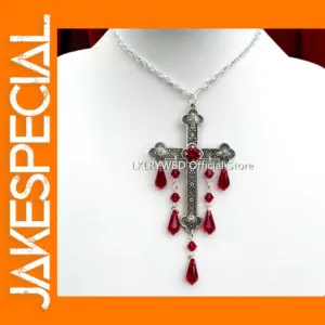 Gothic Cross Necklace with Red Drops
