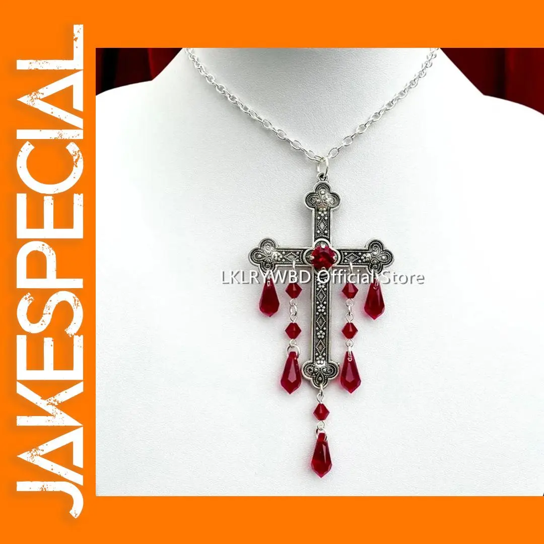 Gothic Cross Necklace with Red Drops 1 Gothic Cross Necklace with Red Drops