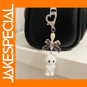 Kawaii Fuzzy Cat Heart Bow Keychain