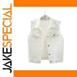 Women's Denim Vest with Beading and Ripped Detail
