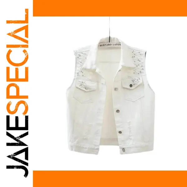 Women's Denim Vest with Beading and Ripped Detail