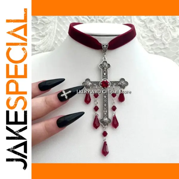 Large Red Gothic Cross Velvet Choker