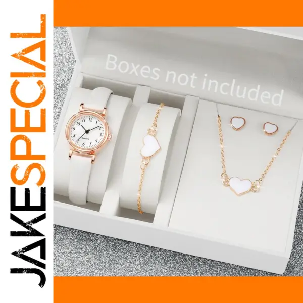 5pcs Women Quartz Watch & Heart Jewelry Set