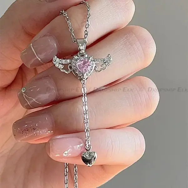 925 Sterling Silver Heart Angel Wings Pendant Necklace - Image 2