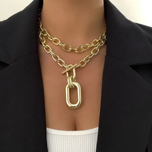 Unisex Layered Chain Necklace with Pendant - Image 2