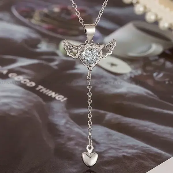 925 Sterling Silver Heart Angel Wings Pendant Necklace - Image 5