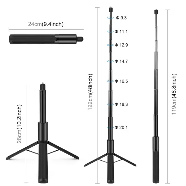 PULUZ Adjustable Aluminum Selfie Stick Tripod for Action Cameras - Image 2