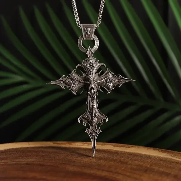 Vintage Gothic Skull Jesus Cross Pendant Necklace - Image 2