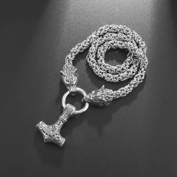 Vintage Nordic Wolf and Thor's Hammer Necklace for Men - Image 4