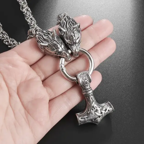 Vintage Nordic Wolf and Thor's Hammer Necklace for Men - Image 2