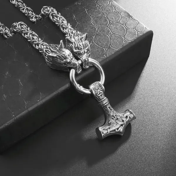 Vintage Nordic Wolf and Thor's Hammer Necklace for Men - Image 5