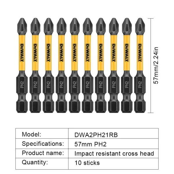 DEWALT Impact Screwdriver Bits 2/5/10pcs PH2 57mm - Image 4