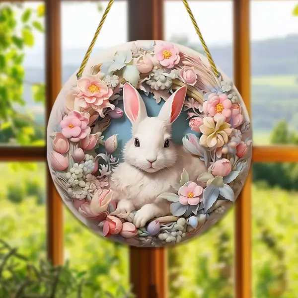 Spring Theme White Rabbit Tulip Round Frame Decor - Image 3