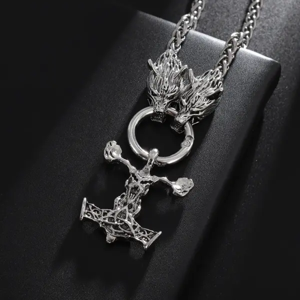 Vintage Nordic Wolf and Thor's Hammer Necklace for Men - Image 9