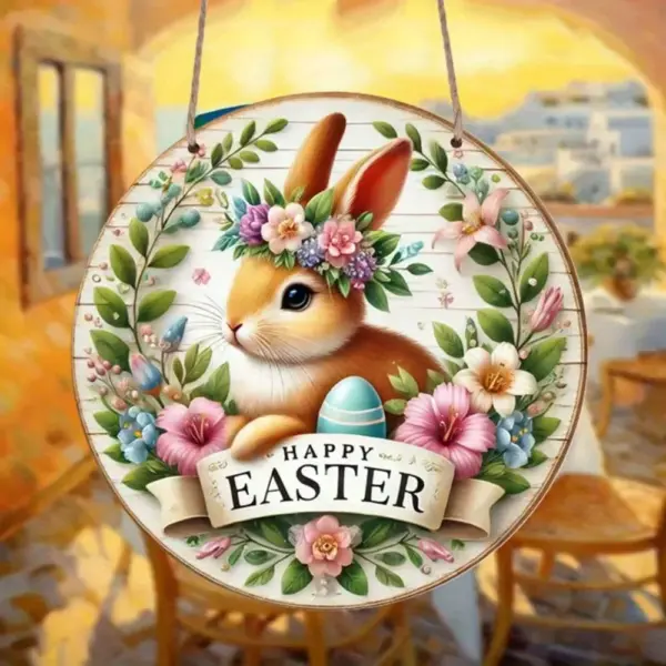 Country Style Wooden Wall Wreath with Rabbit Pattern - Image 7