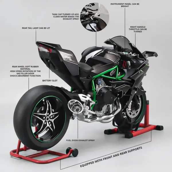 Kawasaki H2R 1:6 Diecast Motorcycle Model with Sound and Light - Image 3